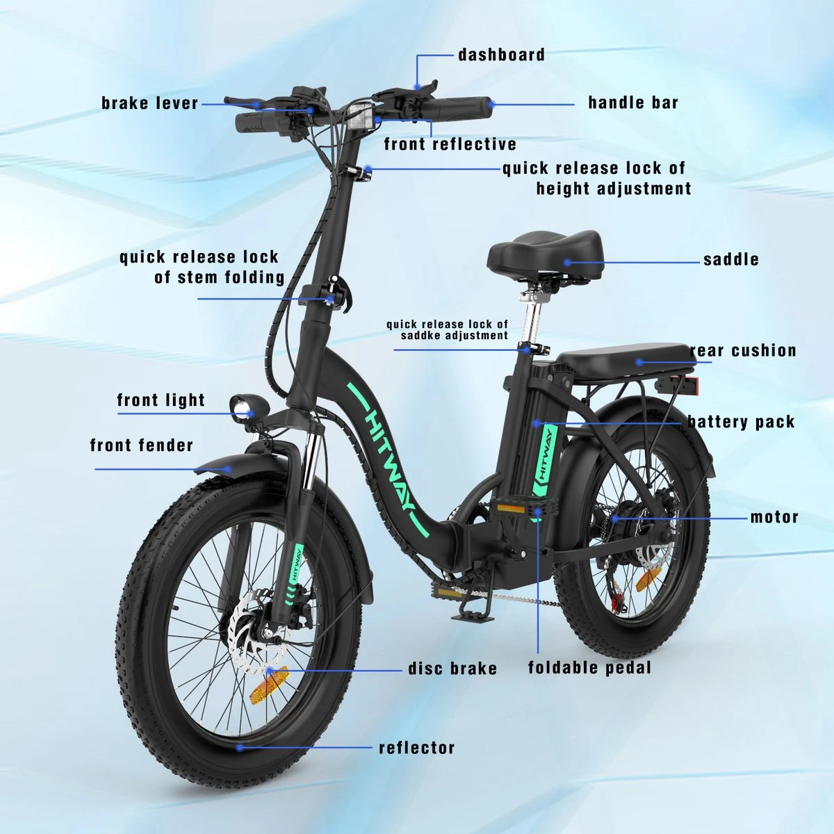 HITWAY E-Bike Elektrische Fiets 20 Inch Fat Tire E-Bicycle Vouwfiets, 250 W/36 V/11,2 Ah Accu, Max. Bereik Tot 35-90 Km, Offroad-mountainbike Met Shimano 7-versnellingen, City EBike Met Slot 7 HITWAY E-Bike Elektrische Fiets 20 Inch Fat Tire E-Bicycle Vouwfiets, 250 W/36 V/11,2 Ah Accu, Max. Bereik Tot 35-90 Km, Offroad-mountainbike Met Shimano 7-versnellingen, City EBike Met Slot - Afbeelding 6