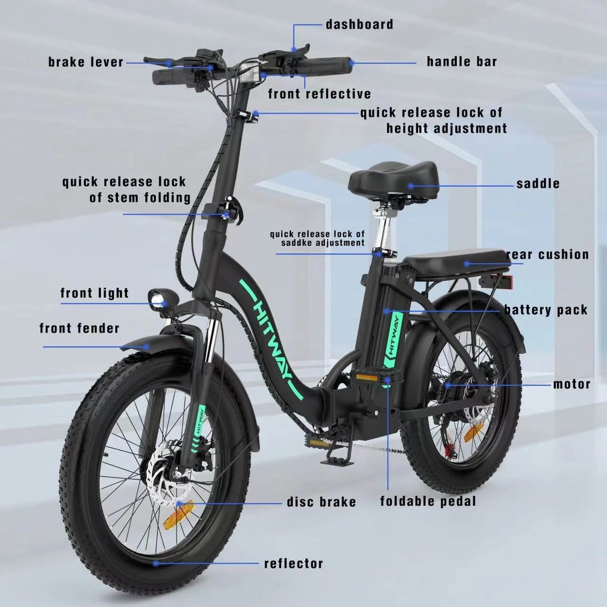 HITWAY E Bike Elektrische Fiets 20 Inch Dikke Band Opvouwbare Elektrische Fiets, 250W/36V/11,2Ah Batterij, Max. Bereik Tot 35-90km, Off-road Mountainbike Met Shimano 7 Versnellingen, Stad EBike Heren Dames 7 HITWAY E Bike Elektrische Fiets 20 Inch Dikke Band Opvouwbare Elektrische Fiets, 250W/36V/11,2Ah Batterij, Max. Bereik Tot 35-90km, Off-road Mountainbike Met Shimano 7 Versnellingen, Stad EBike Heren Dames - Afbeelding 5